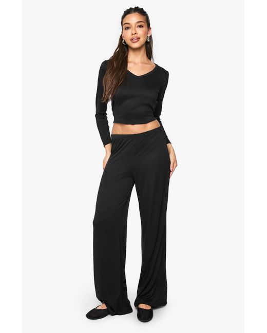 Boohoo Black Supersoft V Neck Binding Long Sleeve Top And Wide Leg Trouser Set