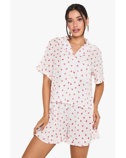 Boohoo White Tall Strawberry Print Cheesecloth Short Pyjama Set