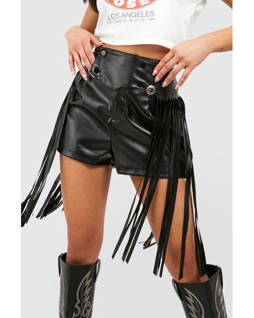 Boohoo Petite Tassel Detail Faux Leather Shorts in Black | Lyst UK