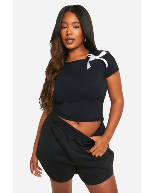 Boohoo Blue Plus Bow Detail Fitted T-shirt