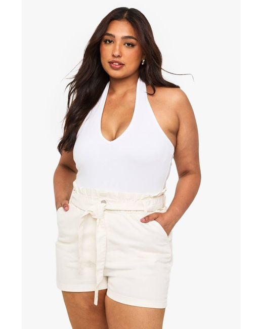 Boohoo Women's White Plus Paperbag Waist Denim Short