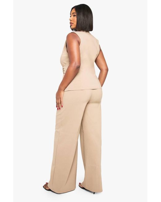 Boohoo Natural Plus Detail Waistcoat And Wide Leg Trouser