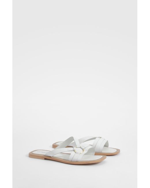 Wide Fit Leather Ring Mules Boohoo de color White