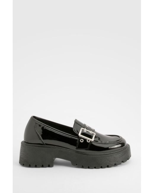 Boohoo Black Chunky Sole Patent Buckle Loafers
