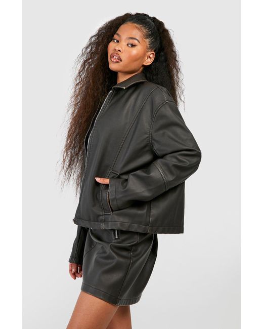 Boohoo Black Vintage Look Faux Leather Zip Jacket