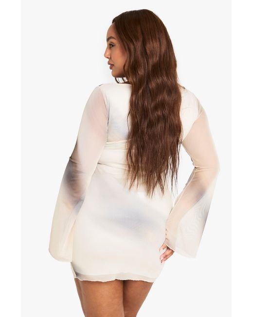 Boohoo White Plus Abstract Mesh Ruched Mini Dress