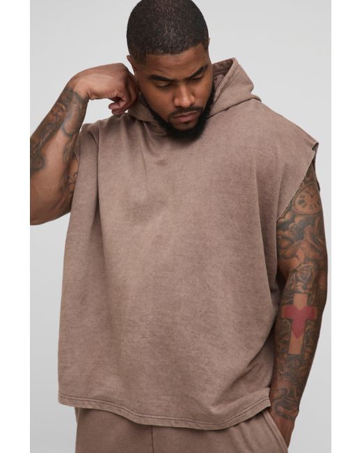 Sudadera Plus Oversize Recta Sin Mangas Con Capucha Y Lavado De Ácido Boohoo de color Brown