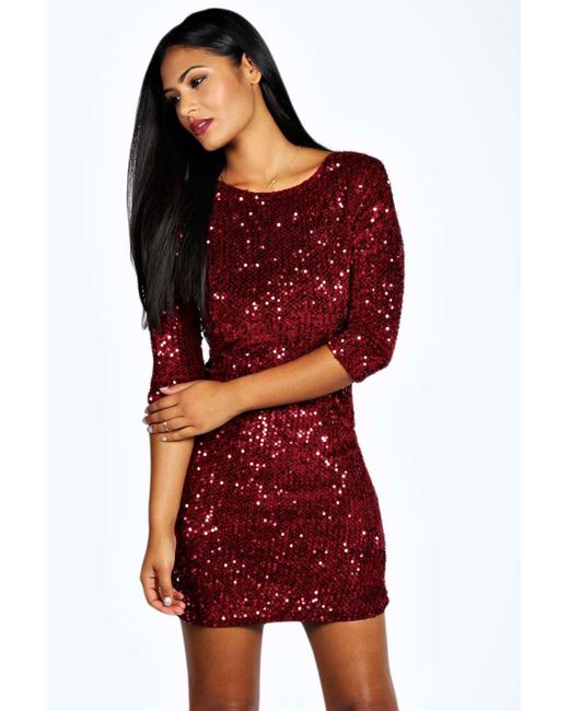 red sequin long sleeve bodycon dress