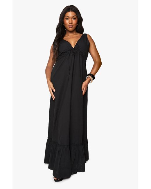 Vestido Plus Maxi De Algodón Popelina Fruncido Con Atadura Boohoo de color Black