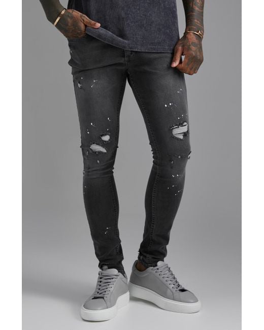 BoohooMAN Denim Super Skinny Ripped Paint Splatter Jeans in Grey (Gray