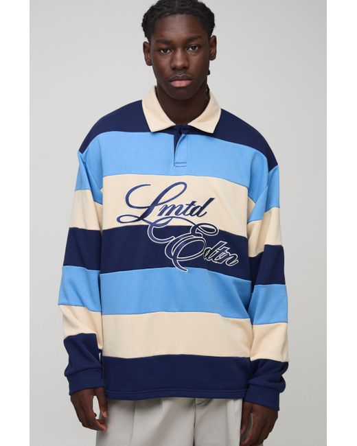 BoohooMAN Blue Oversized Stripe Embroidered Rugby Polo for men