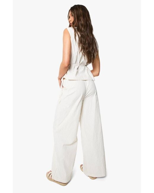Boohoo White Stripe Drawstring Waist Wide Leg Pants