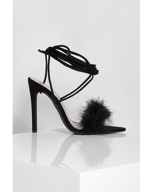 Boohoo Pointed Toe Feather Trim Lace Up 