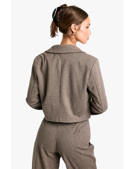 Boohoo Brown Herringbone Tailored Cropped Blazer