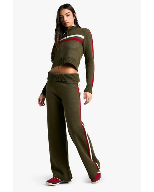 Boohoo Green Rib Knitted High Neck Zip Through Sweater And Foldover Waistband Flared Trouser