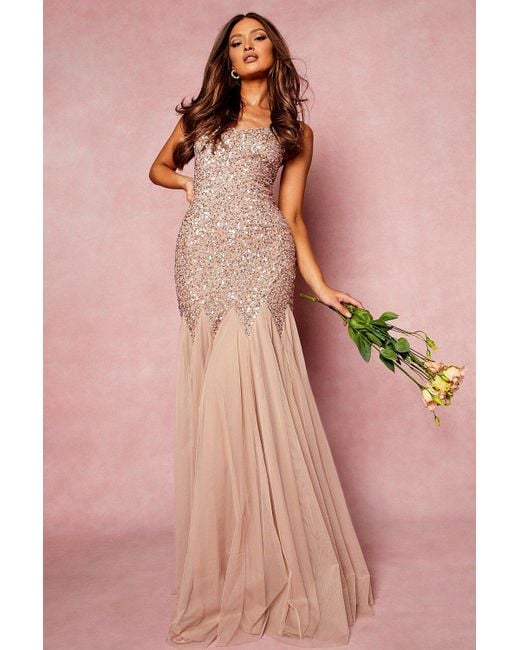 Boohoo Bridesmaid Hand Embellished Godet Mesh Maxi Dress in Pink Lyst