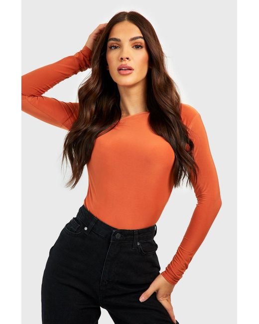 Boohoo Orange Slinky Slash Neck One Shoulder Bodysuit
