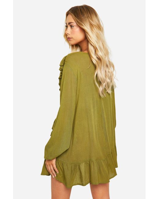 Boohoo Green Ruffle Cheesecloth Mini Dress