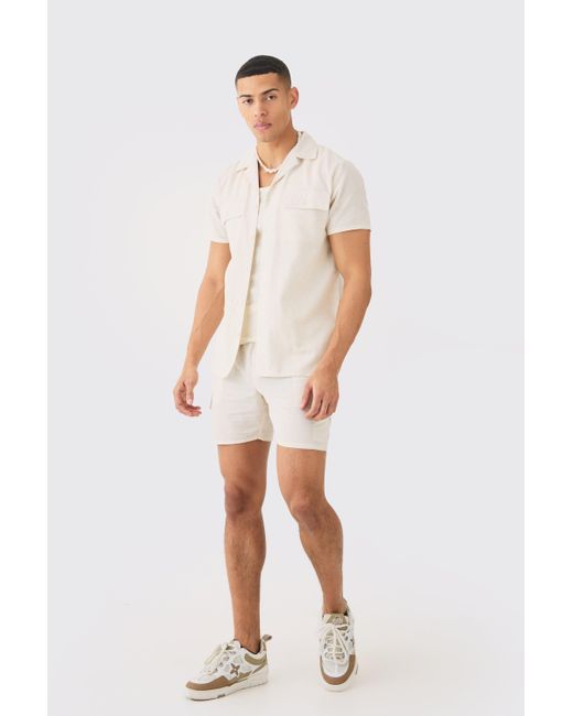 BoohooMAN White Short Sleeve Linen Cargo Shirt & Short for men