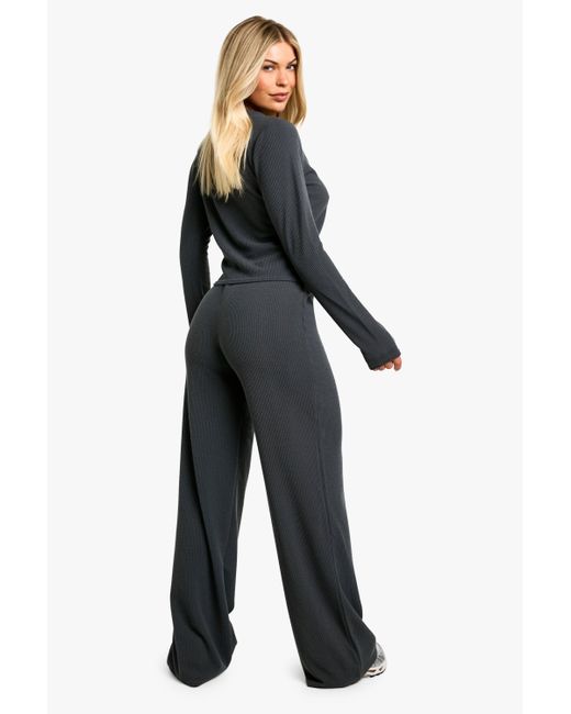 Boohoo Black Rib Cardigan And Wide Leg Trouser Co-Ord
