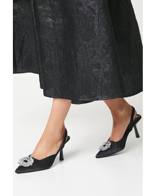 Coast Black Samia Satin Jewelled Brooch Detail Slingback High Heel Court Shoes
