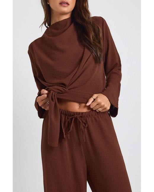 Boohoo Brown Tall Woven Drape Long Sleeve Blouse & Trouser Co-Ord