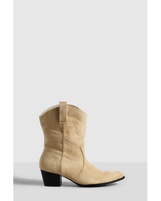 Boohoo Natural Wide Fit Basic Tab Detail Western Cowboy Ankle Boots