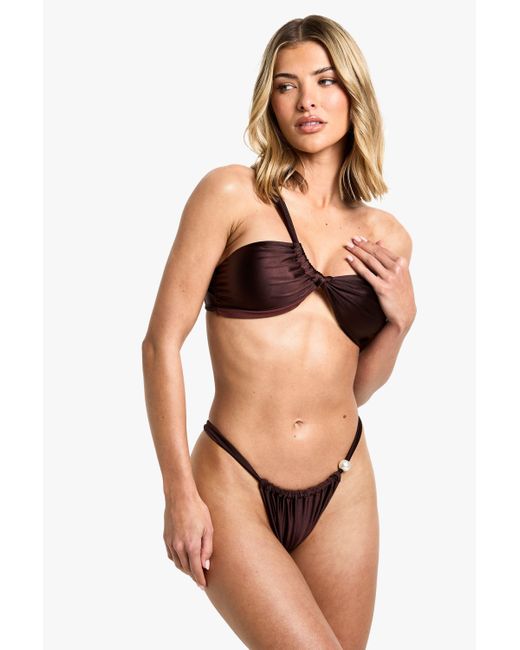 Boohoo Brown Pearl Trim Asymmetric Bandeau Bikini Top & Tanga Bikini Bottoms Set
