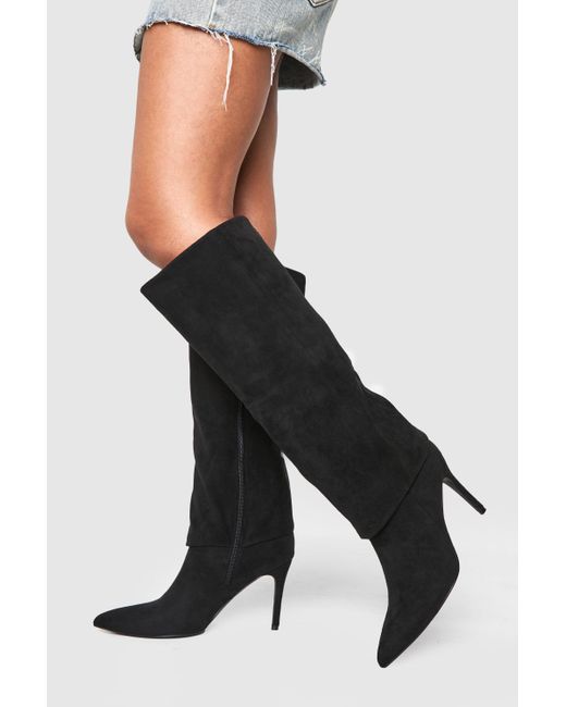 Boohoo Black Foldover Pointed Heeled Knee High Boots