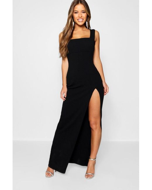 Boohoo Petite Recycled Square Neck Split Maxi Dress in Black | Lyst