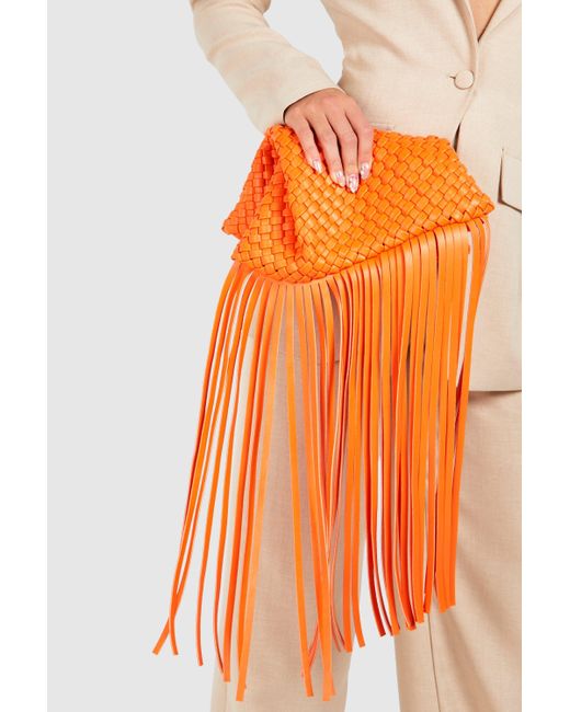 Woven Fringe Edge Clutch Bag Boohoo de color Orange