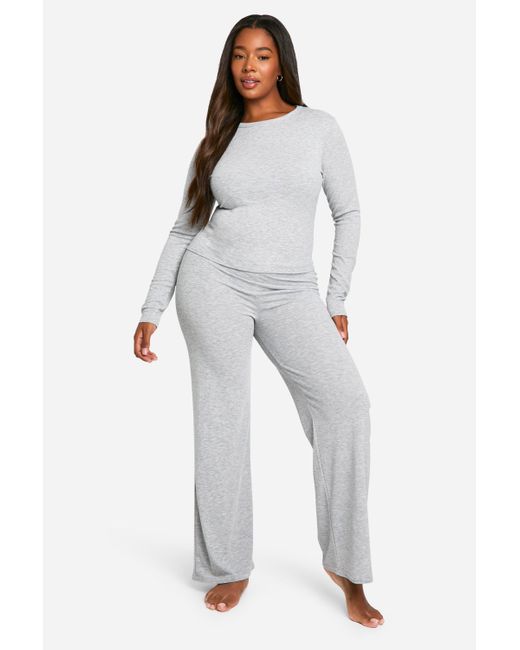 Boohoo White Plus Soft Rib Neck Long Sleeve Top & Trouser Co Ord