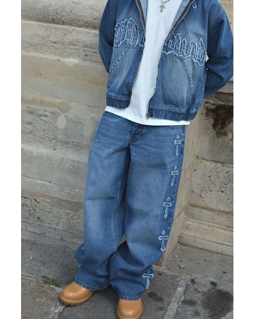 BoohooMAN Blue Baggy Fit Cross Applique Washed Jeans for men