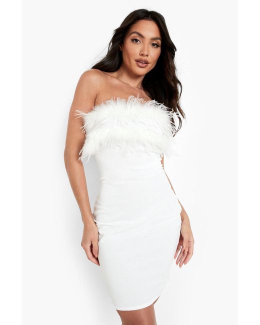 Boohoo Bandeau Feather Mini Bodycon Dress in White | Lyst