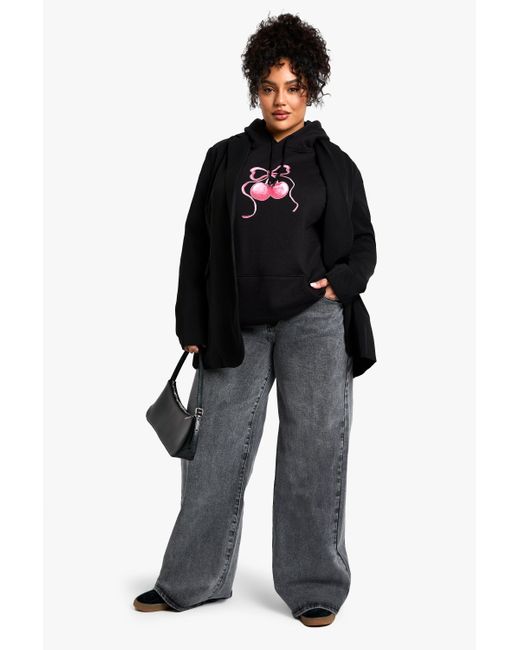 Sudadera Plus Oversize Con Capucha Y Estampado De Cerezas Boohoo de color Black
