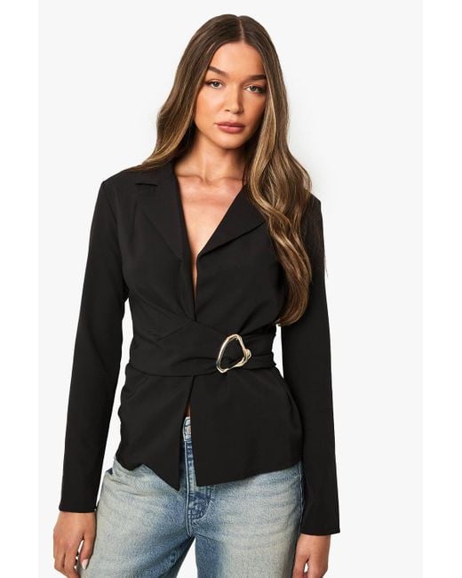 Boohoo Black Hardware Trim Ruched Front Blazer