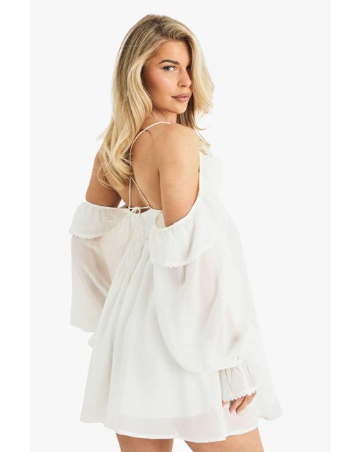 sachin and babi light blue dress Cream Chiffon Halter Neck Tiered Mini Dress