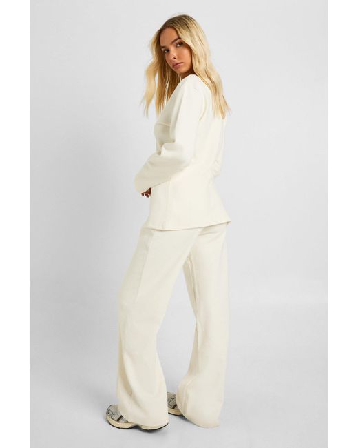 Boohoo White Interlock Balloon Sleeve Button Detail Cardigan And Trouser Co-Ord