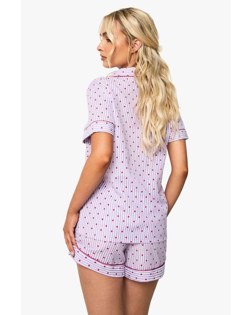 Boohoo White Heart Print Pinstripe Piping Detail Short Sleeve Shirt & Shorts Pyjama Set