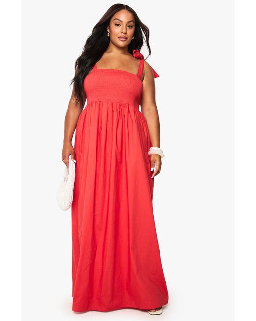 Boohoo Red Plus Cotton Poplin Tie Shoulder Maxi Dress