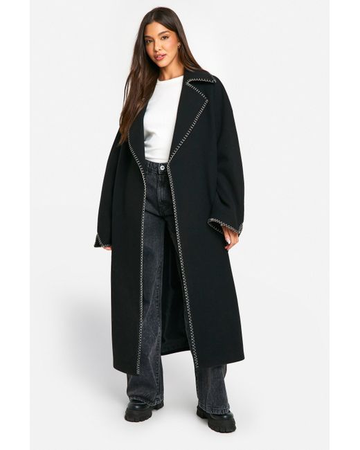 Boohoo Black Contrast Stitch Belted Wool Look Coat