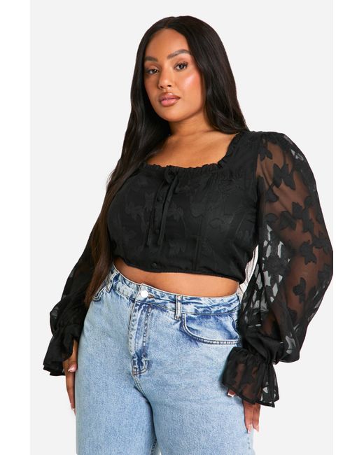 Boohoo Plus Jacquard Square Neck Volume Sleeve Corset Top in Black 