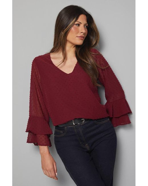 Wallis Red Dobby Flute Sleeve Top