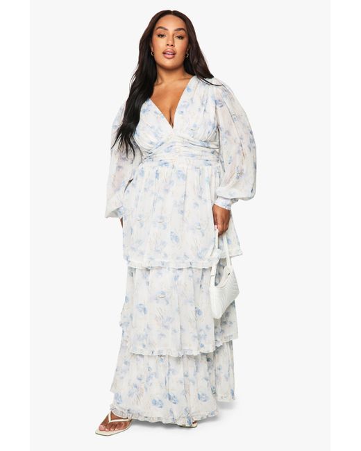 Boohoo Plus Floral Chiffon Tiered Ruched Maxi Dress in White | Lyst Canada