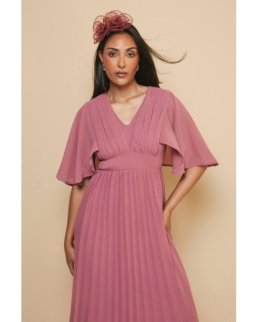 Wallis Pink Petite Pleated Cape Sleeve Midi Dress