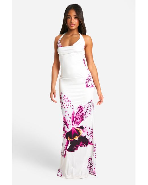 Floral Cowl Neck Slinky Maxi Dress Boohoo de color White