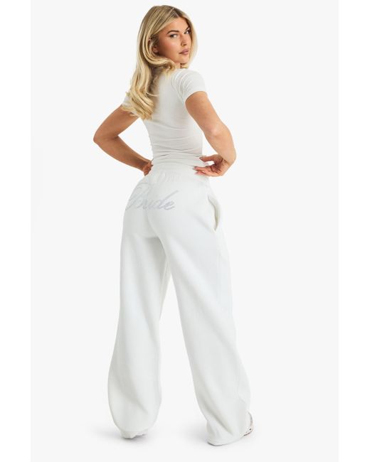 Boohoo Bridal 'Bride' Diamante Slogan Straight Leg Joggers in White | Lyst