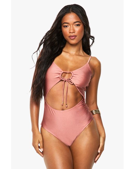 Boohoo Orange Cut Out Tie Front Swimsuit
