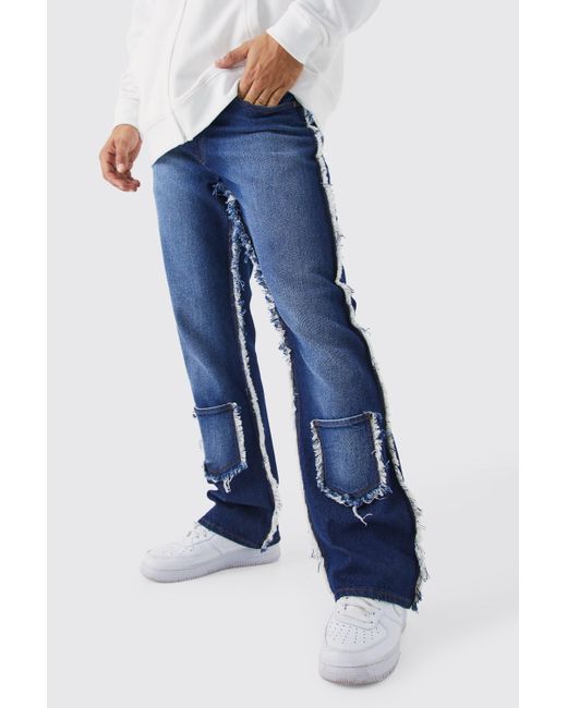 BoohooMAN Blue Relaxed Rigid Flare Frayed Seam Jeans for men
