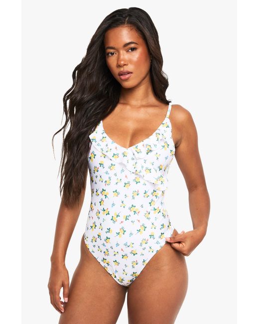 Boohoo White Ditsy Floral Print Ruffle Detail Scoop Bathing Suit